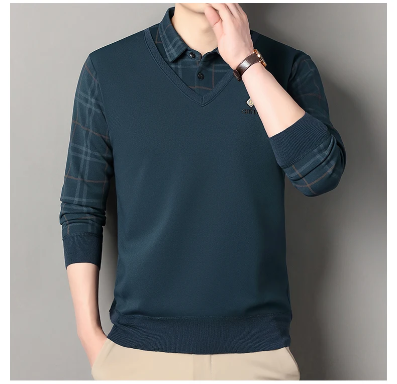 Herren Plaid Pullover Fleece Pullover Slim Fit Elegante Luxus Marke Gefälschte Zwei Stücke Gestrickte Pullover – Detail 7