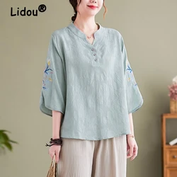 2024 Summer Women Vintage Ethnic Style Embroidered Blouses Casual Solid Loose Cotton Linen Shirts Ladies V Neck 3/4 Sleeve Tops