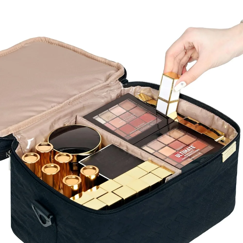 Extra Large Double Layer Travel Makeup Bag, Cosmetic Organizer Case with Shoulder Strap for Bottles, Brushes, Conditioner, Skin Care Products view 5