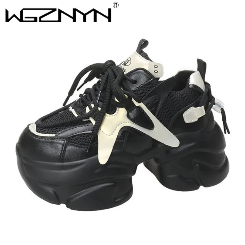 

Autumn Women High Platform Non-slip Sneakers Vulcanized Shoes 6.5CM Thick Sole Leather Casual Sport Shoes Chunky Dad Sneakers