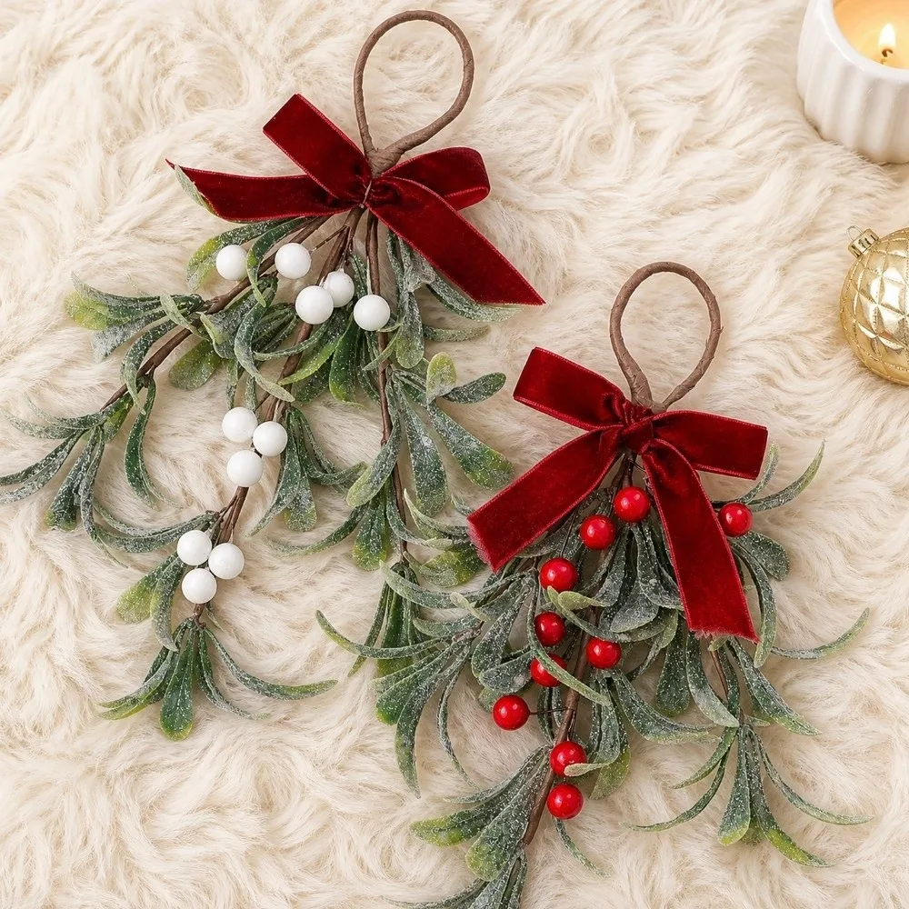 Lifelike Artificial Christmas Tree Wreath Red Berries Decorative Xmas Garland With Bowknot Xmas Tree Decoration