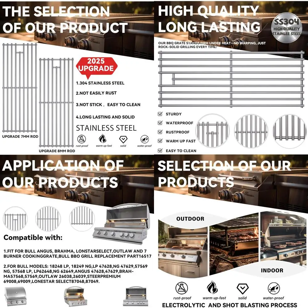 

Upgraded 7mm Stainless Steel BBQ Grill Grates - Replacement Parts for 7 Burner Premium Cookware