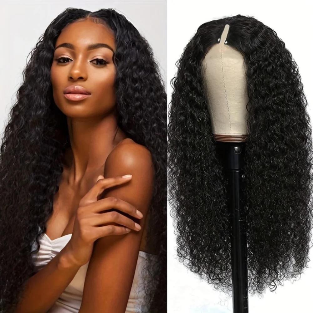 Upgraded V Part Wig Kinky Curly Wig Brazilian 32inch Natural Color Deep Wave Human Remy Hair For Women