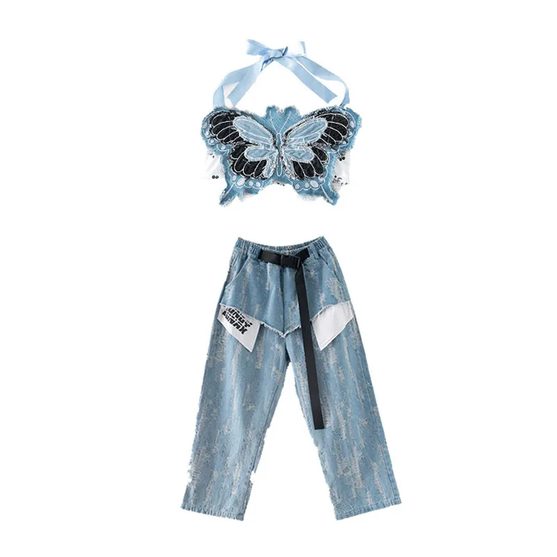 Kid Hip Hop Clothing Denim Blue Butterfly Crop Tank Casual Patch Ripped Jeans Pants Skirt for Girl Jazz Dance Costumes Clothes