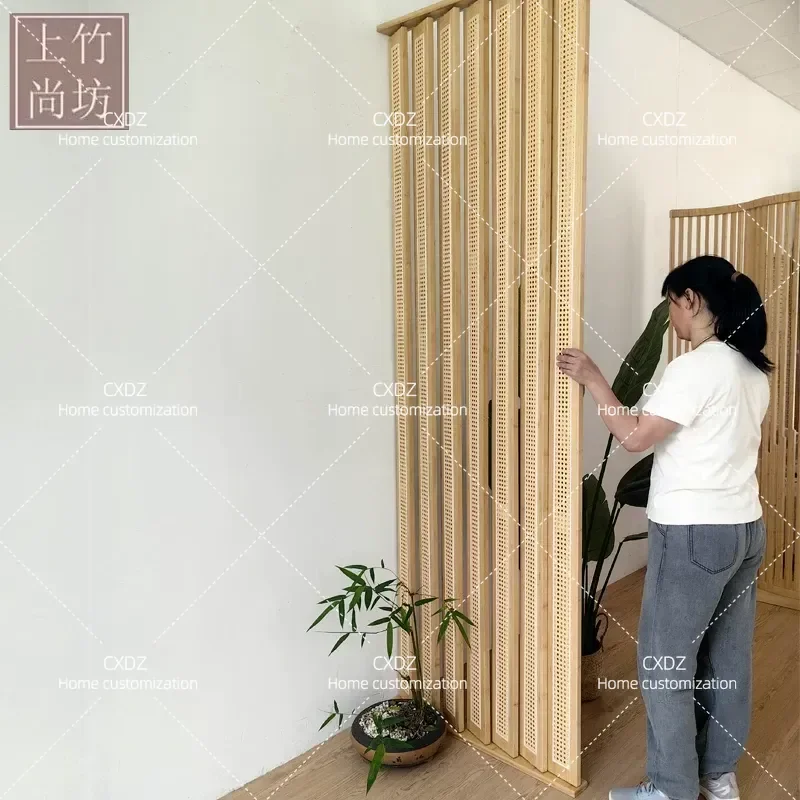 Japanese Style Solid Wood Bamboo Rattan Folding Screen Linkage Rotating Entry Door Partition Room Divider Privacy Block