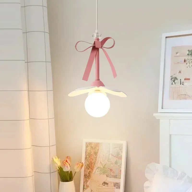 Romatic Princess Room Girl LED Pendant Lamp For Bedroom Lighting Ceramic Glass Sconces Pink Bowknot Ceiling Suspended Light