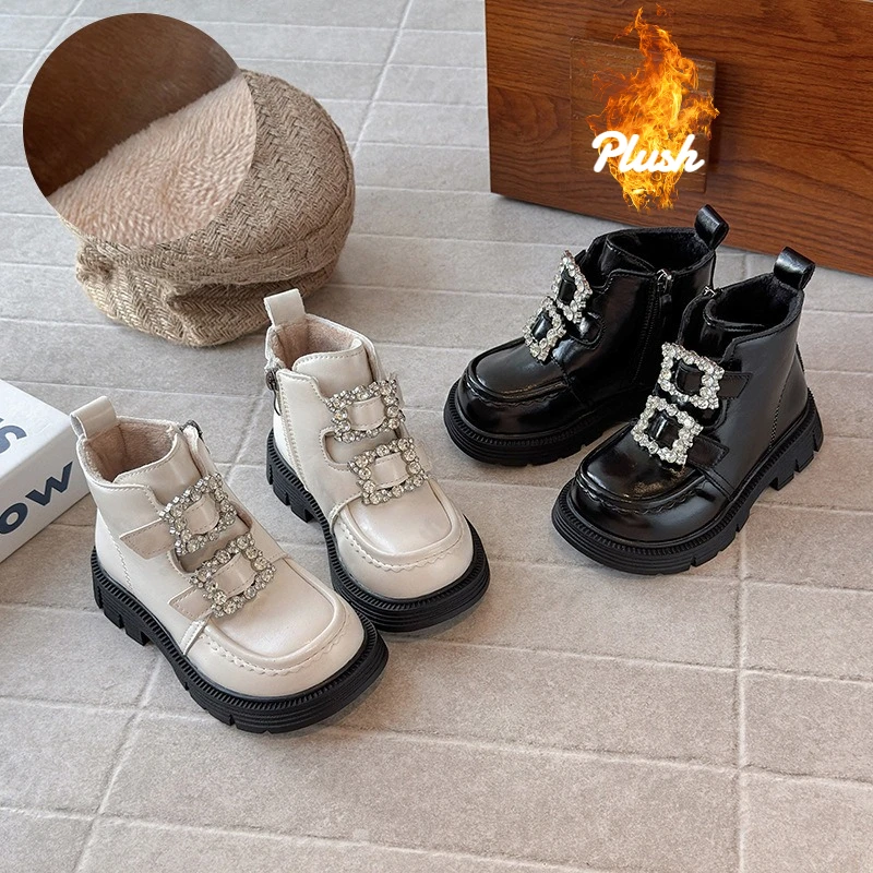 

Childrens' Retro Solid Rhinestone Warm Hairy Boots 2025 Winter Girls' Fashion Versatile Plush Comfortable Platform Cotton Boots