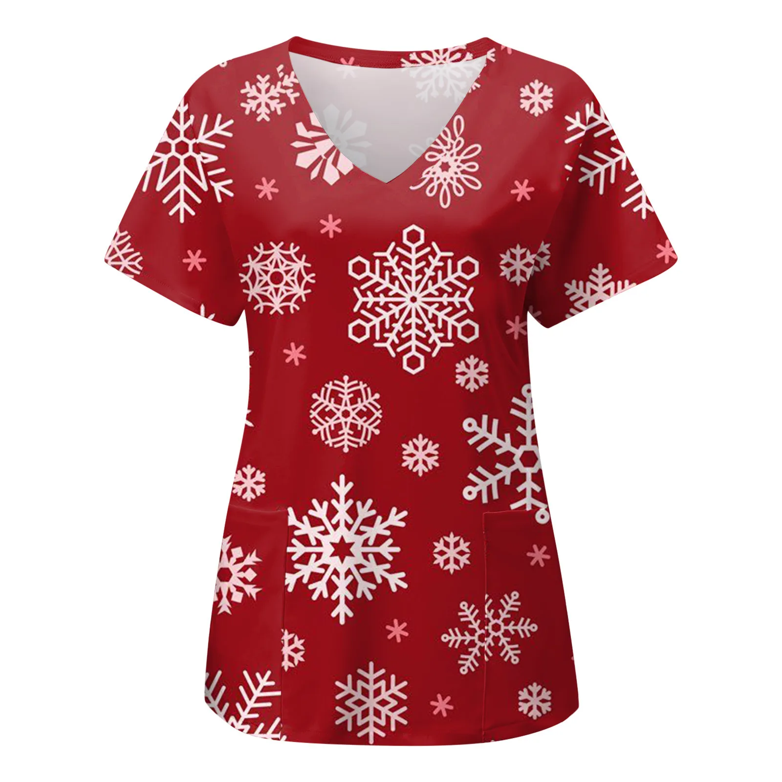 Christmas Nurse Uniform Women Xmas Snowflake Print Short Sleeve Pockets V Neck Overalls Tops Medical Working Uniforme Healthcare