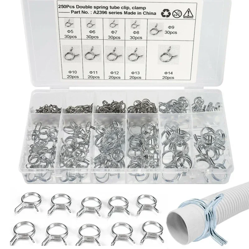 250 قطعة خط الوقود خرطوم أنابيب مقاطع الربيع المشابك مجموعة متنوعة للدراجات النارية سكوتر ATV 5-14 مللي متر مقاطع انبوب ماء