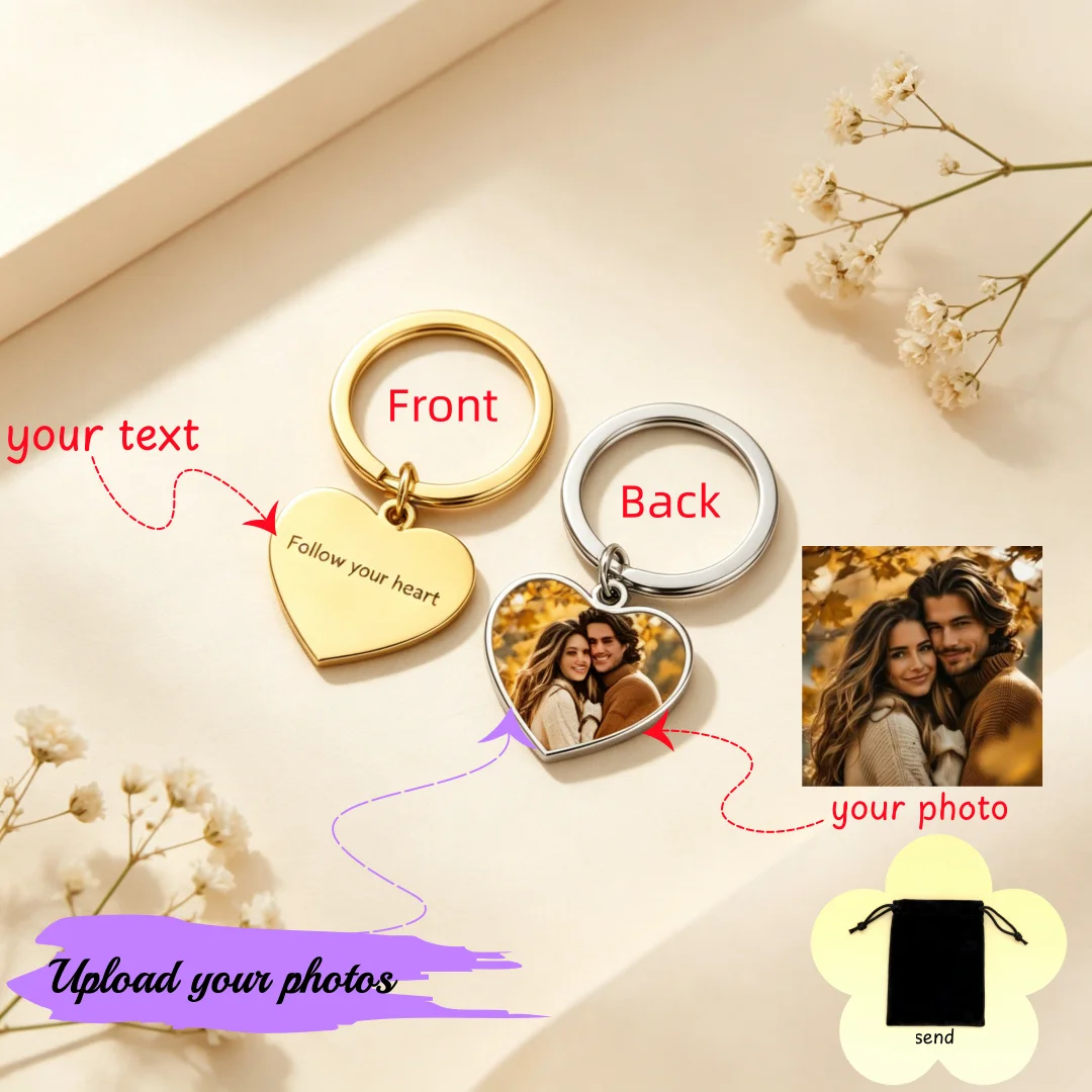 Porte-clés personnalisé avec photo, en acier inoxydable, pour couple, chien, animal de compagnie, impression sur demande, porte-clés photo, cadeau pour la Saint-Valentin