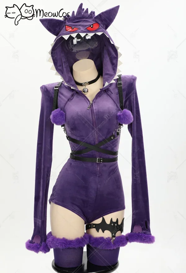 Meowcos Frauen lila Geist Cosplay Kostüm Halloween lila sexy Stram pler Bodysuit Plüsch Kapuze und Socken mit Gürtel und Schwanz