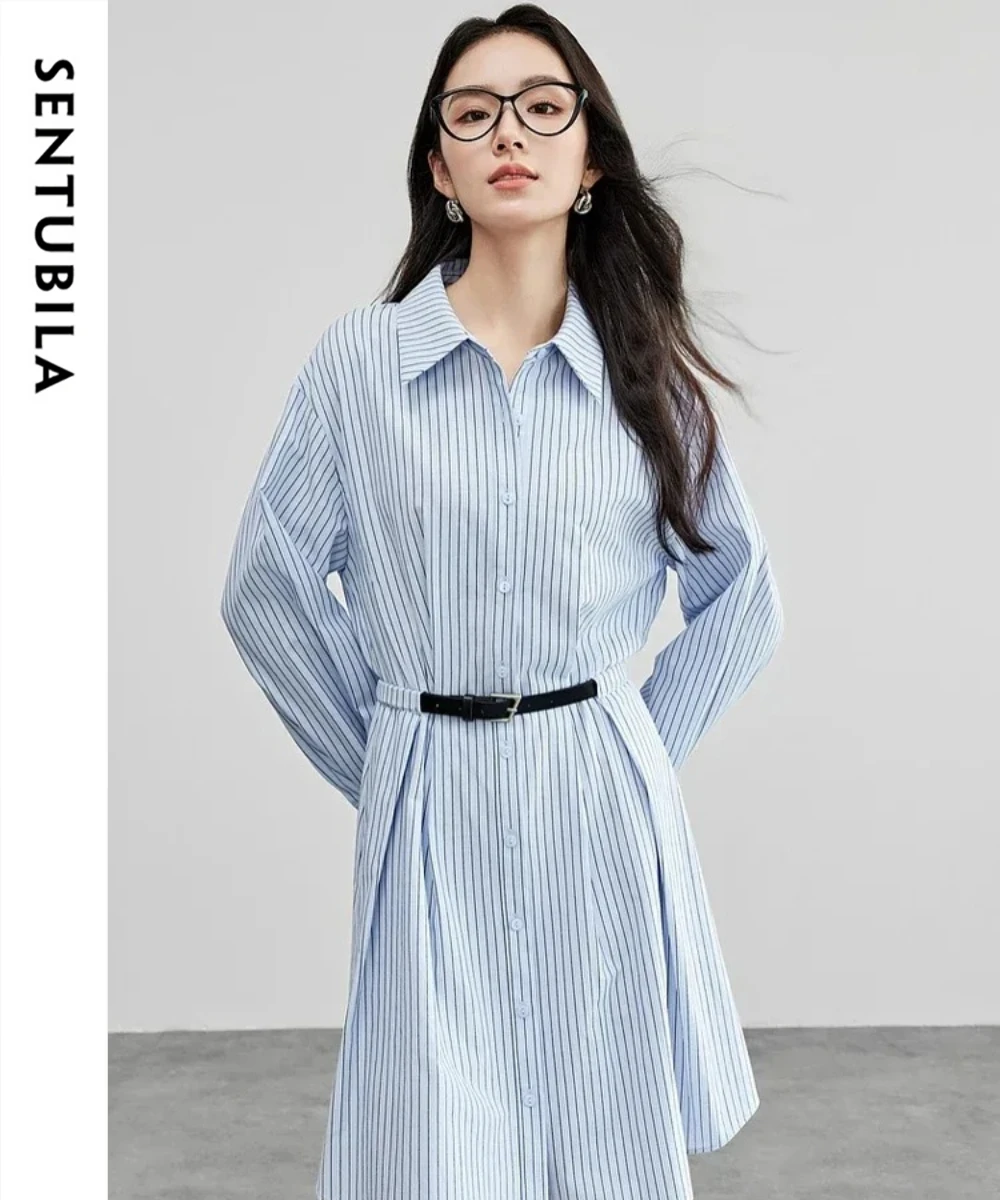 

SENTUBILA Women's Striped Dresses Office Lady A-line Cotton Turn Down Collar Long Sleeve Midi Dress with Belt 2026 151L58148