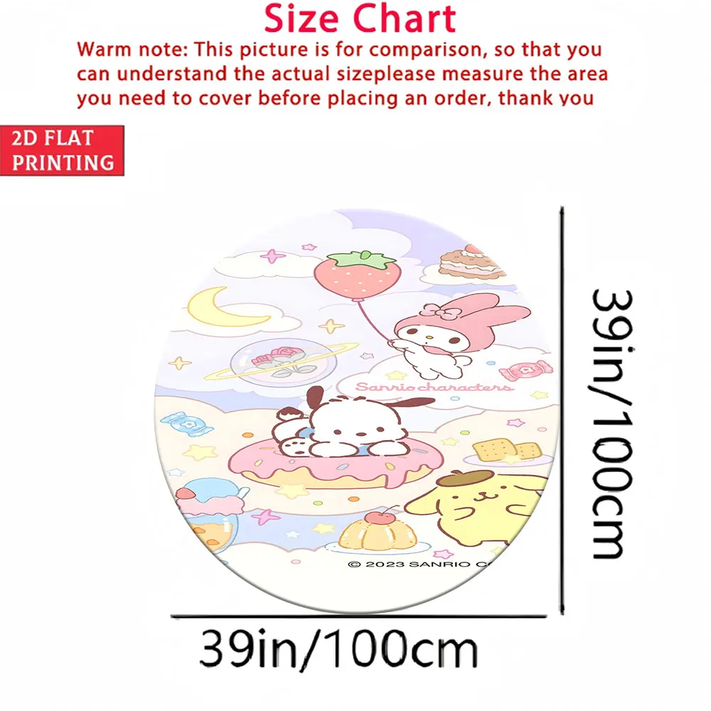 

Soft Round Floor Mat for Kids Room, Sanrio Characters My Melody Pochacco Dessert Print 2D Flat 100cm Non-Slip Round Carpet for N