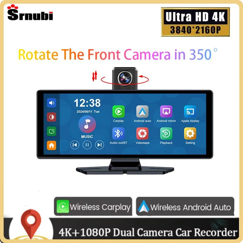 

Srnubi 10.26" Wireless CarPlay & Android Auto Dash Cam 350° 4K DVR Bluetooth Audio AUX GPS Navigation Dashboard Video Recorder