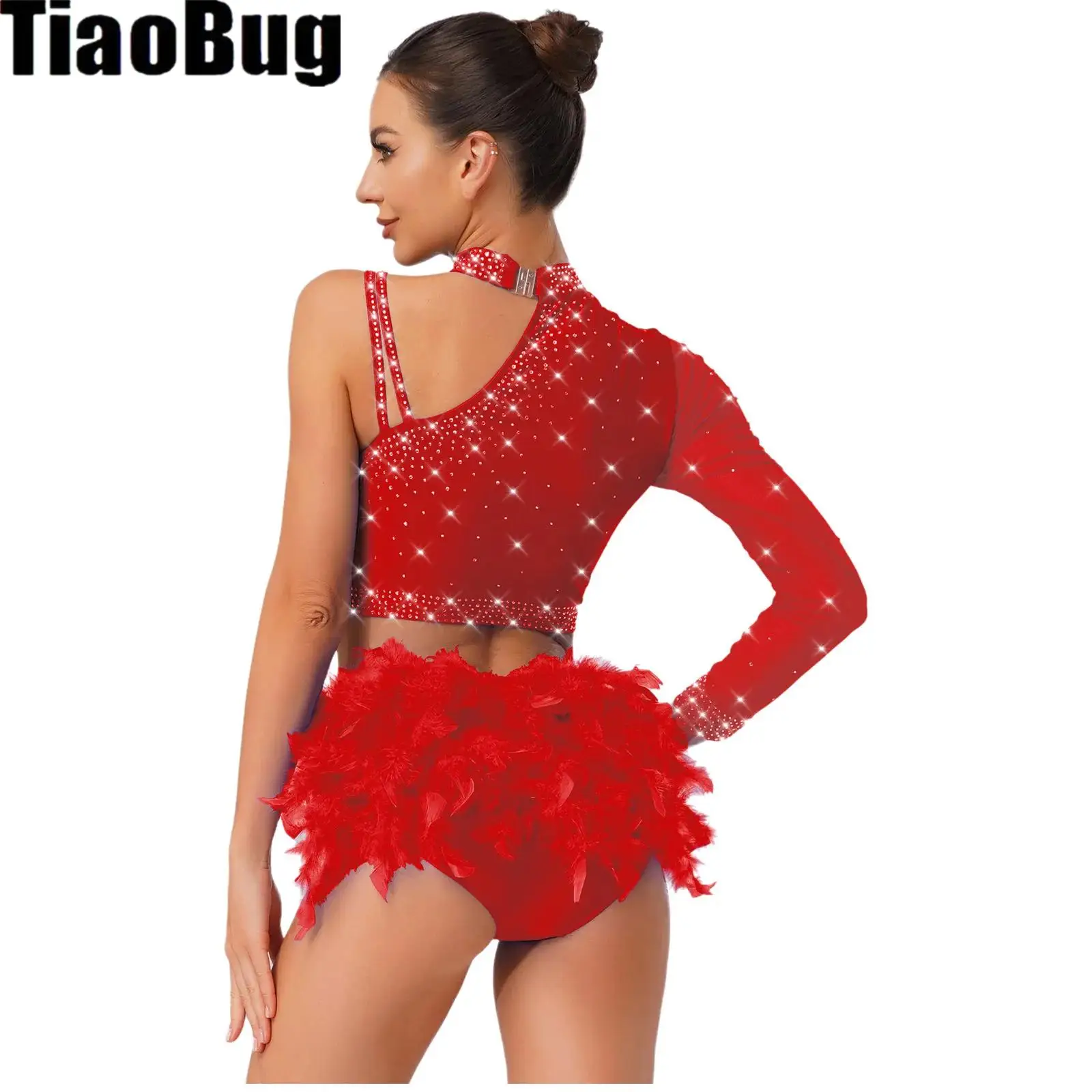 

Women Latin Dance Outfits Rhinestone One Shoulder Long Sleeve Crop Top with Feather Briefs Figure Skating Chacha Tango Costume