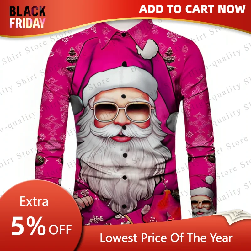 Men's Santa Claus shirt, comfortable, breathable, fashionable, plus size Christmas long sleeved shirt with collar design