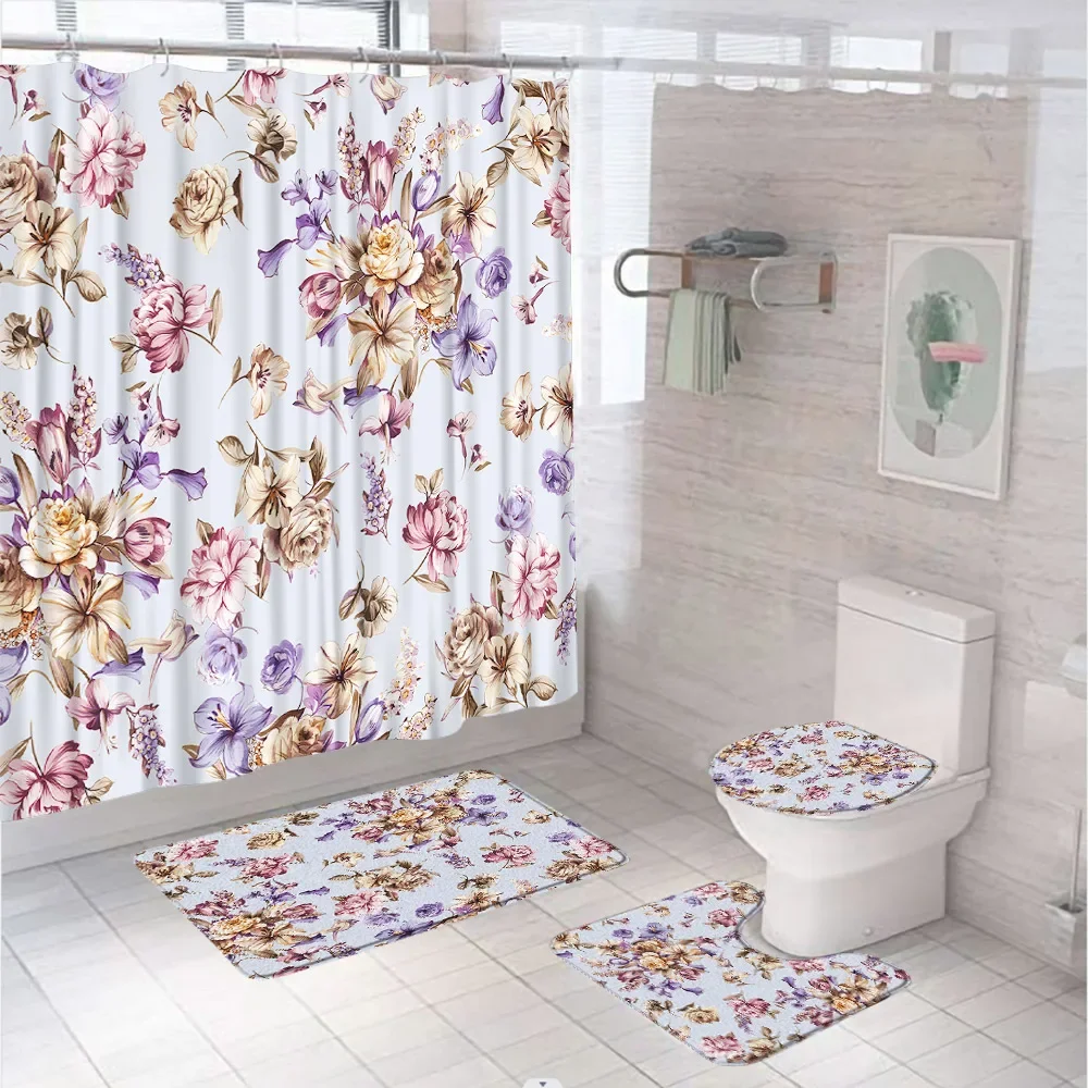 Purple Lavender Flowers Shower Curtain Sets Watercolor Floral Scenery Bathroom Curtains Non-Slip Bath Mat Rug Lid Toilet Covers