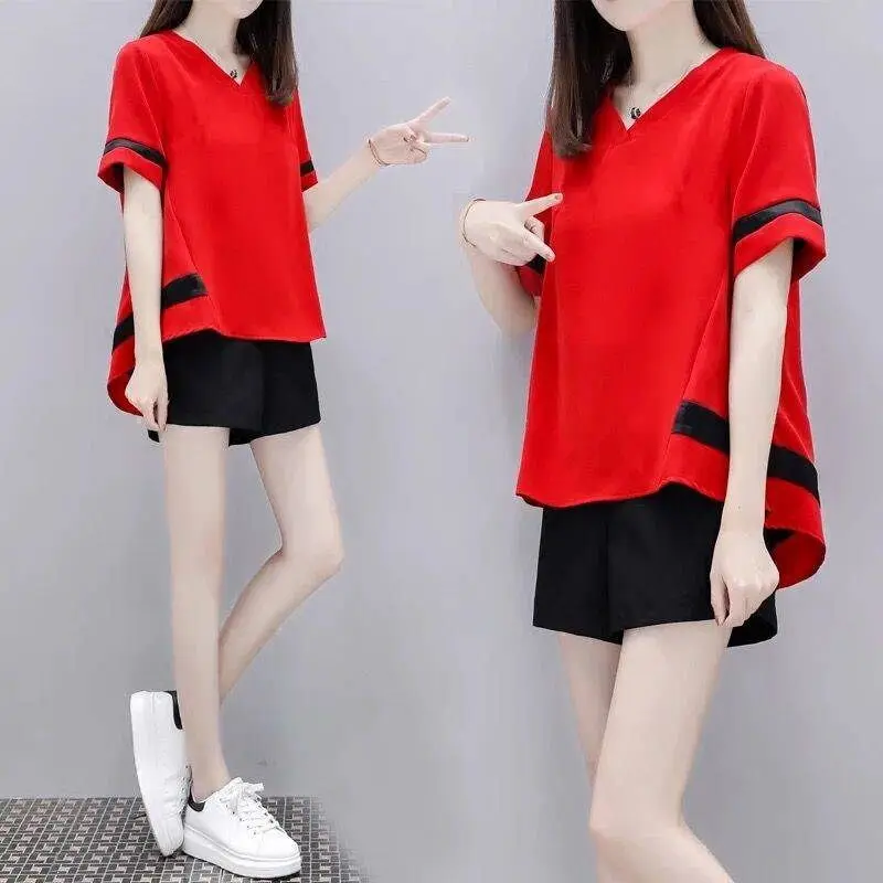 Woman Casual Tracksuit Summer 2024 Fashion Two Piece Set Female Short Sleeve V-neck Tops and Wide Leg Shorts Sport Suit G117