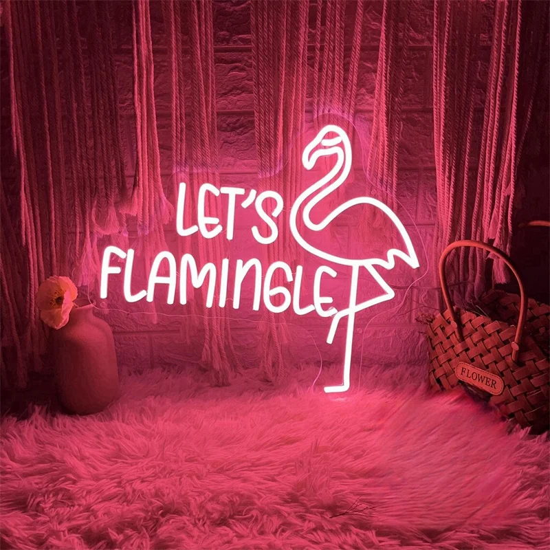 Let's Flamingle LED Neon Sign, Custom Summer Flamingo Party Neon Light Home Wall Bar Tropical Birthday Party Decor