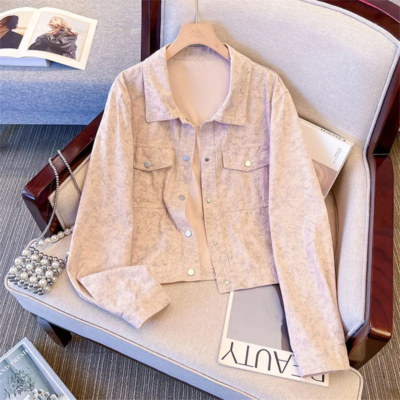 

Модная розовая короткая джинсовая куртка с принтом тай-дай, осенняя женская повседневная однобортная джинсовая куртка с лацканами и длинными рукавами, пальто Chaqueta Mujer