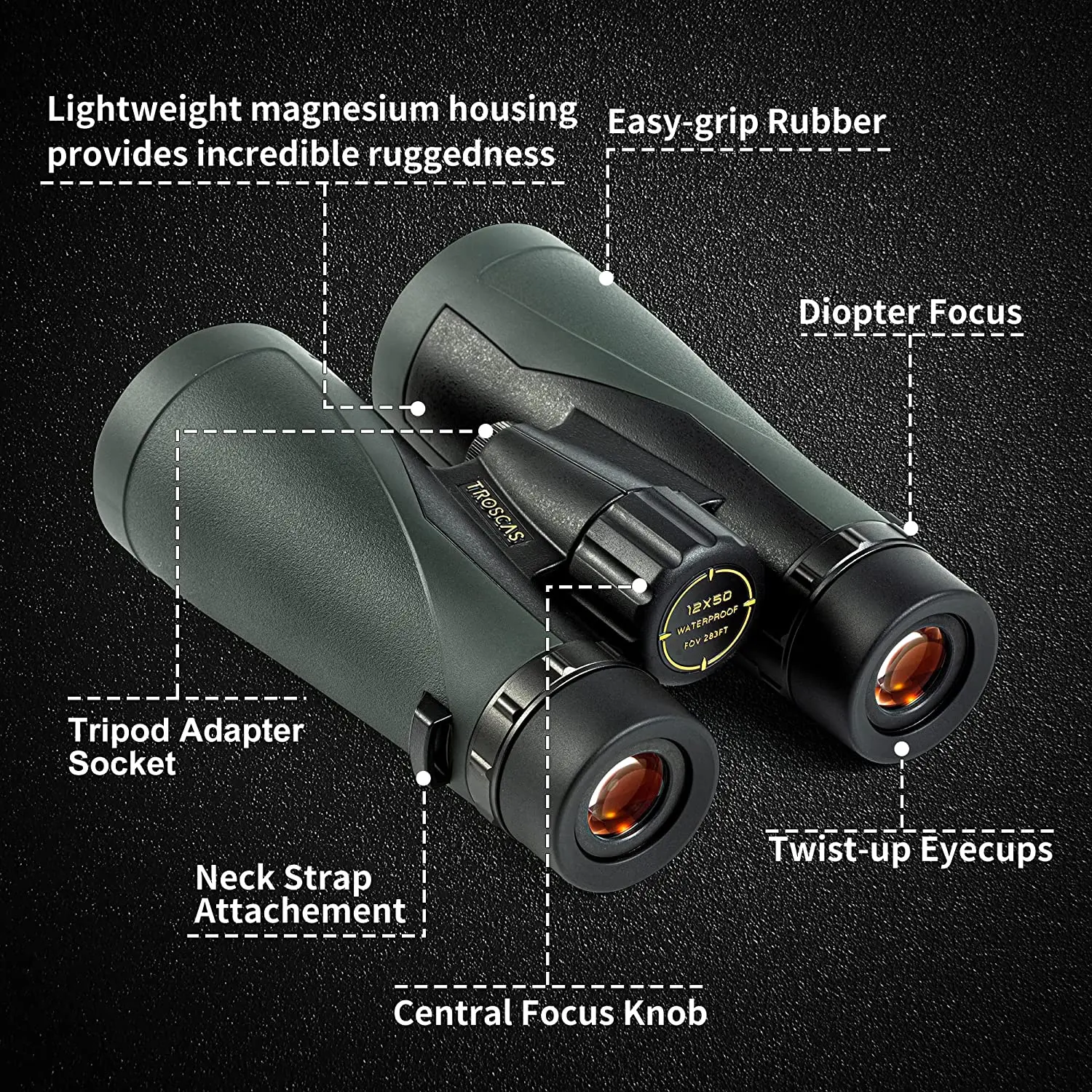 TROSCAS Powerful ED Lens Binoculars 10/12x50 IPX7 Waterproof Bak4 Prism Optics HD Telescope For Camping Hunting Outdoor Tourism