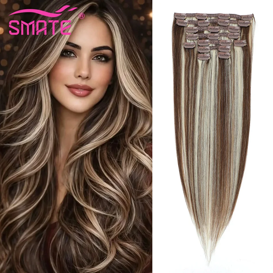 smate-clip-in-100-remy-human-hair-10pcs-80-140g-straight-highlight-brown-to-platinum-blonde-invisible-secure-clips-for-women