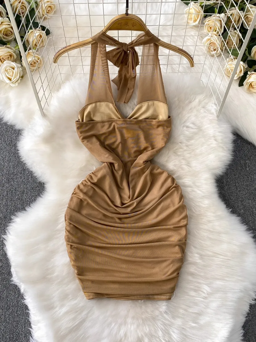 Foamlina 痩身ツイスト V ネックホルタードレス女性の夏のメッシュプリーツ締め付けウエストボディコンミニスカートドレス