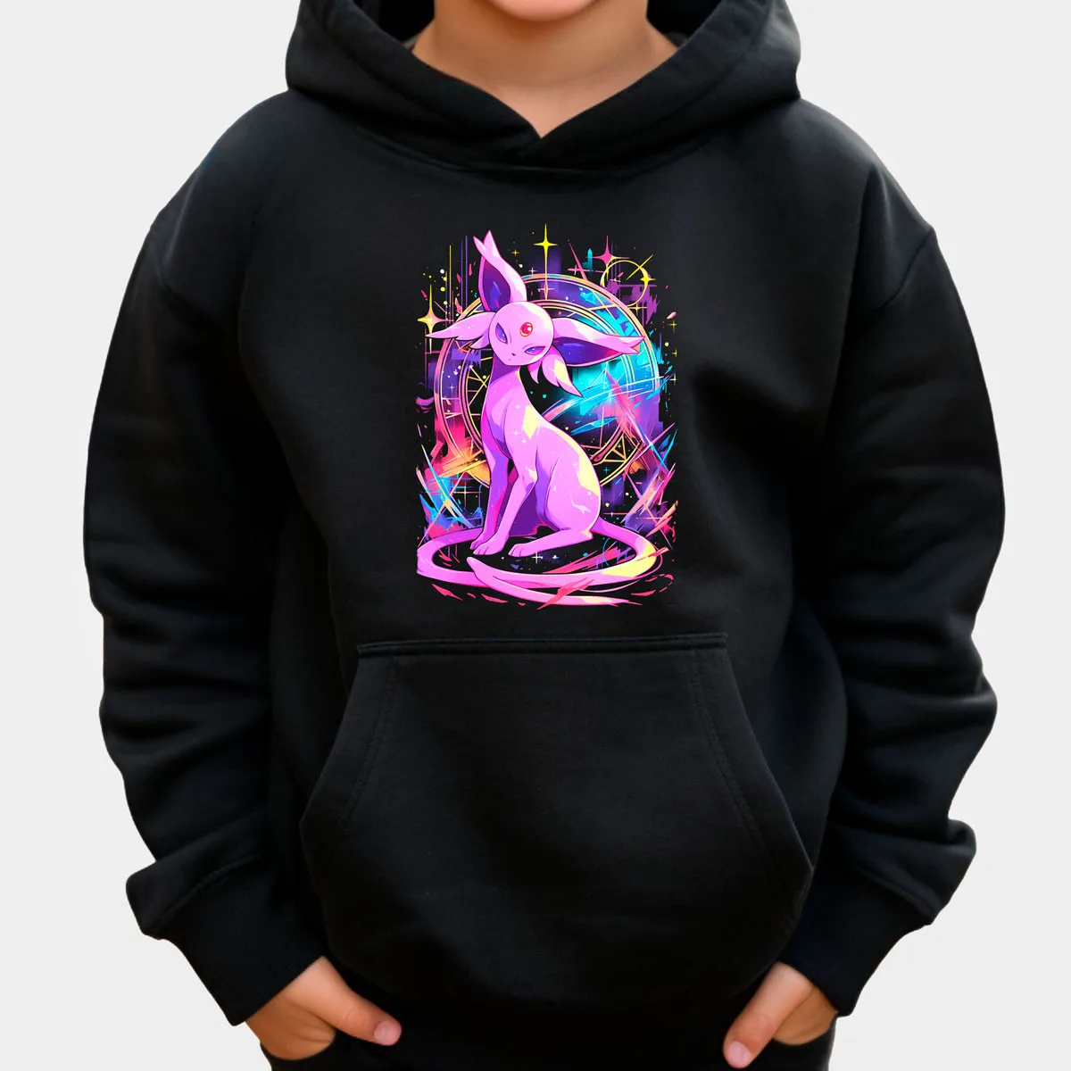 ポケモンアニメ ウンブレオン コットンパーカー ブラック、青い光る目、黄色の満月の夜の牧草地のシーンパターン、ルーズフィット
