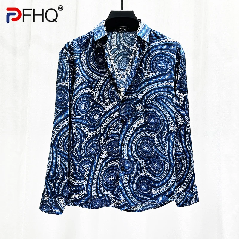 

PFHQ New Men's Shirt Fashion Printed Turn-down Collar Long Sleeve Contrast Color Luxury Turn-down Collar Male Tops 21Z5504