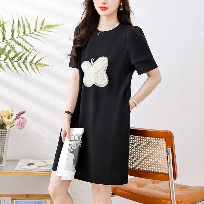 # 8016 verano negro camiseta vestido de mujer de manga corta abombada Patchwork recto Mini vestido de mujer cuello redondo estilo francés elegante