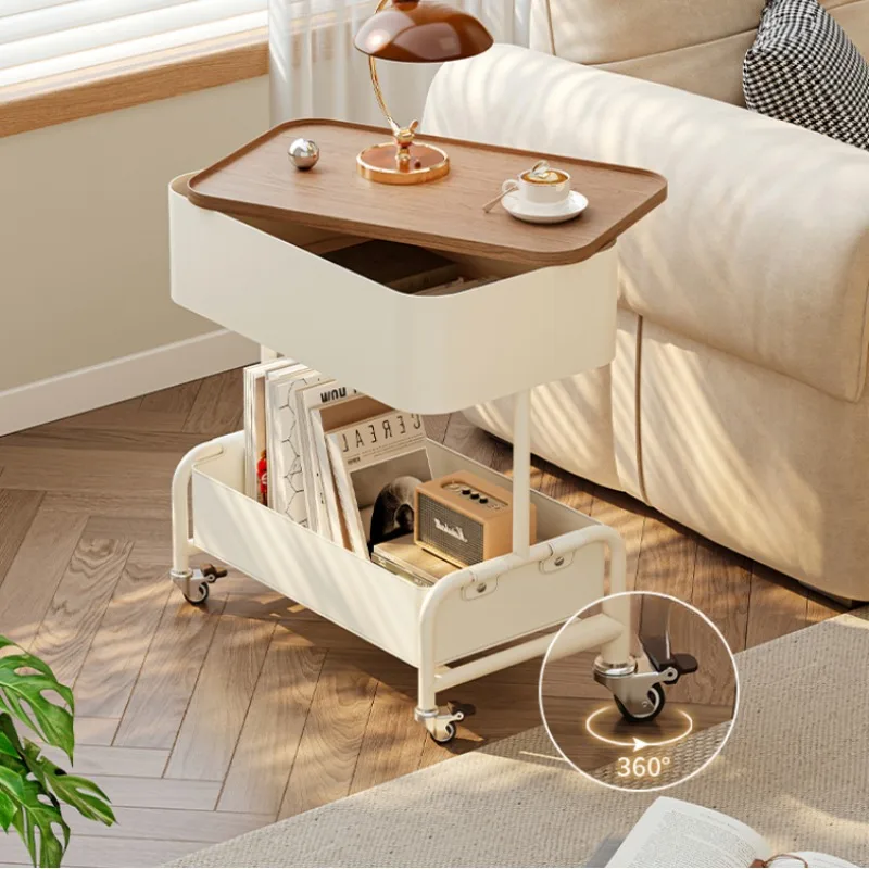 Mobile Rolling Side Table with Storage Modern Minimalist End Table Movable Tea Cart with Wheels