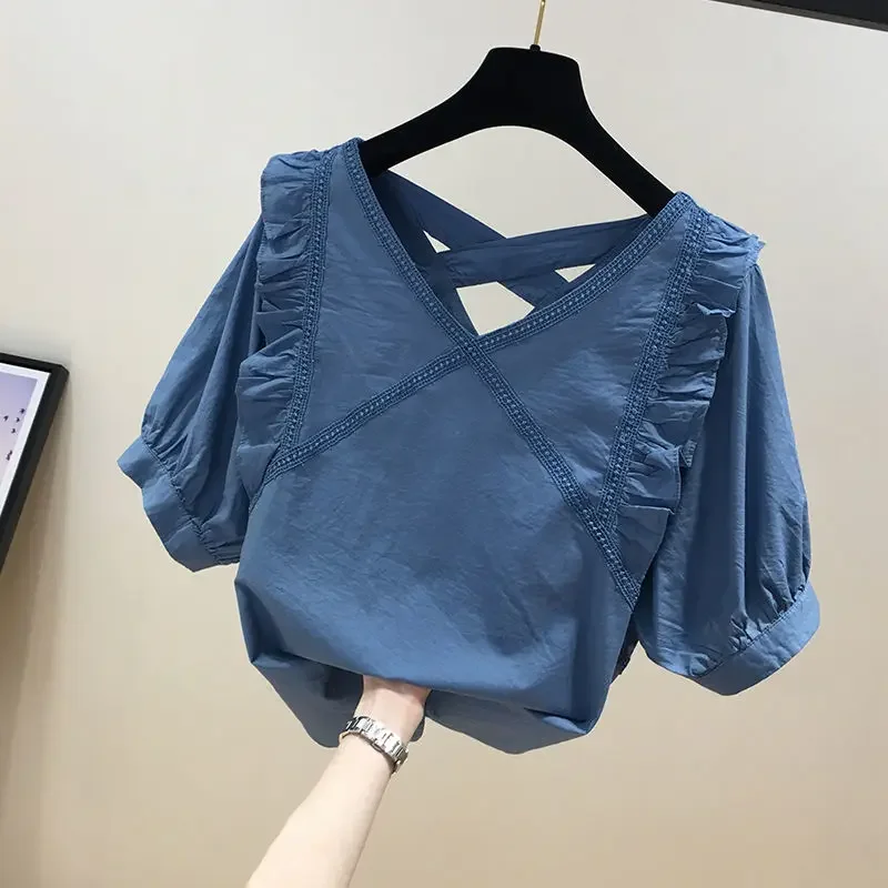 Estate nuovo scava fuori Backless allentato top Tees manica corta scollo a V solido pieghettato moda magliette Vintage Casual abbigliamento donna