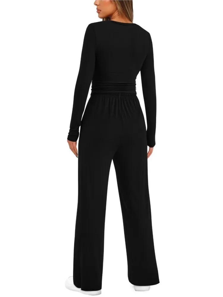 Pants Set For Women Slim Round Neck Long Sleeve Sweatshirt Drawstring High Waist Straight Trousers 2025 New Lady Two Piece Sets