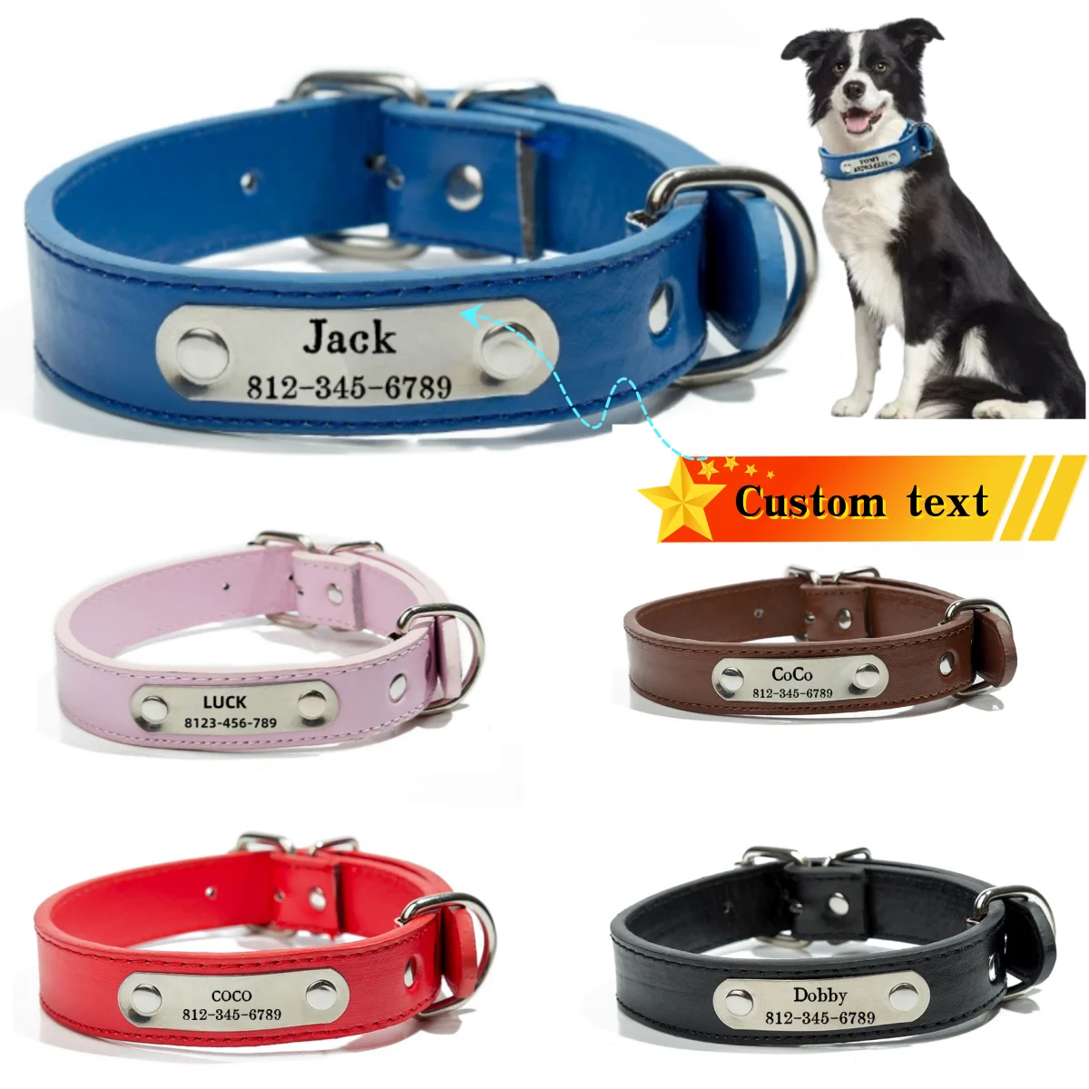 Collier de chien sculpté avec nom personnalisé, étiquette d'identification, Anti-perte, solide, en cuir PU, pour petits, moyens et grands chiens, chiot, chat, fournitures pour animaux de compagnie