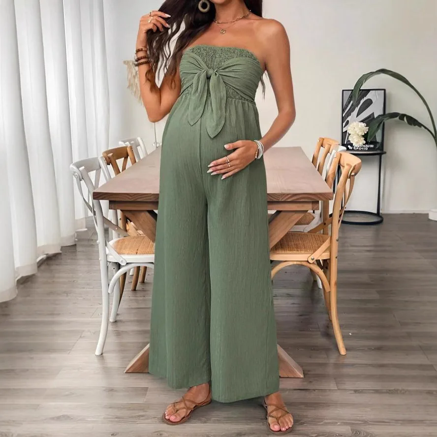 

2025 Summer New European & American Maternity Bib Pants Wrap Top Loose Wide-Leg Pants with Bow Sleeveless Breathable Jumpsuit