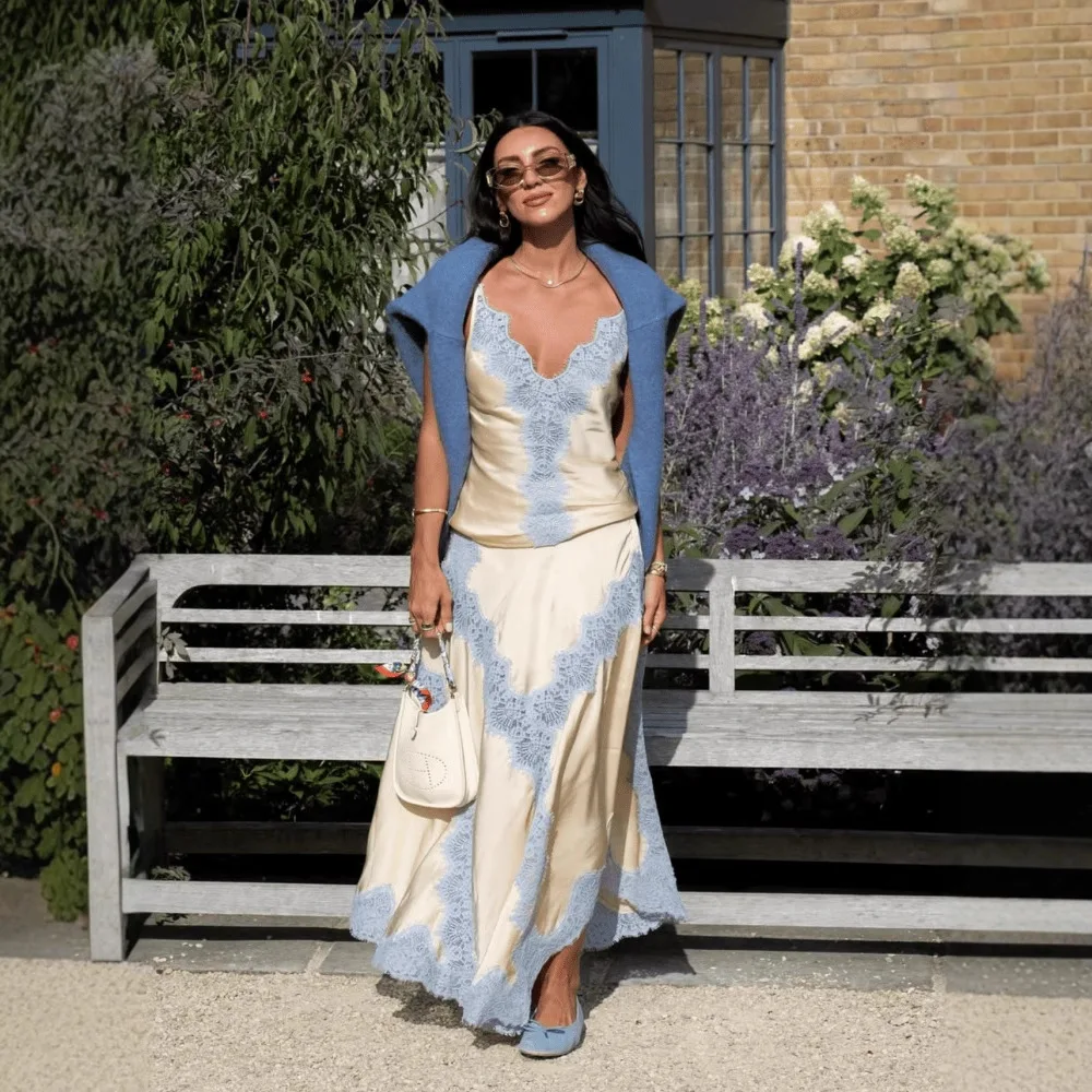 Nueva ropa de mujer europea y americana temperamento encaje empalme irregular traje con tirantes vestido