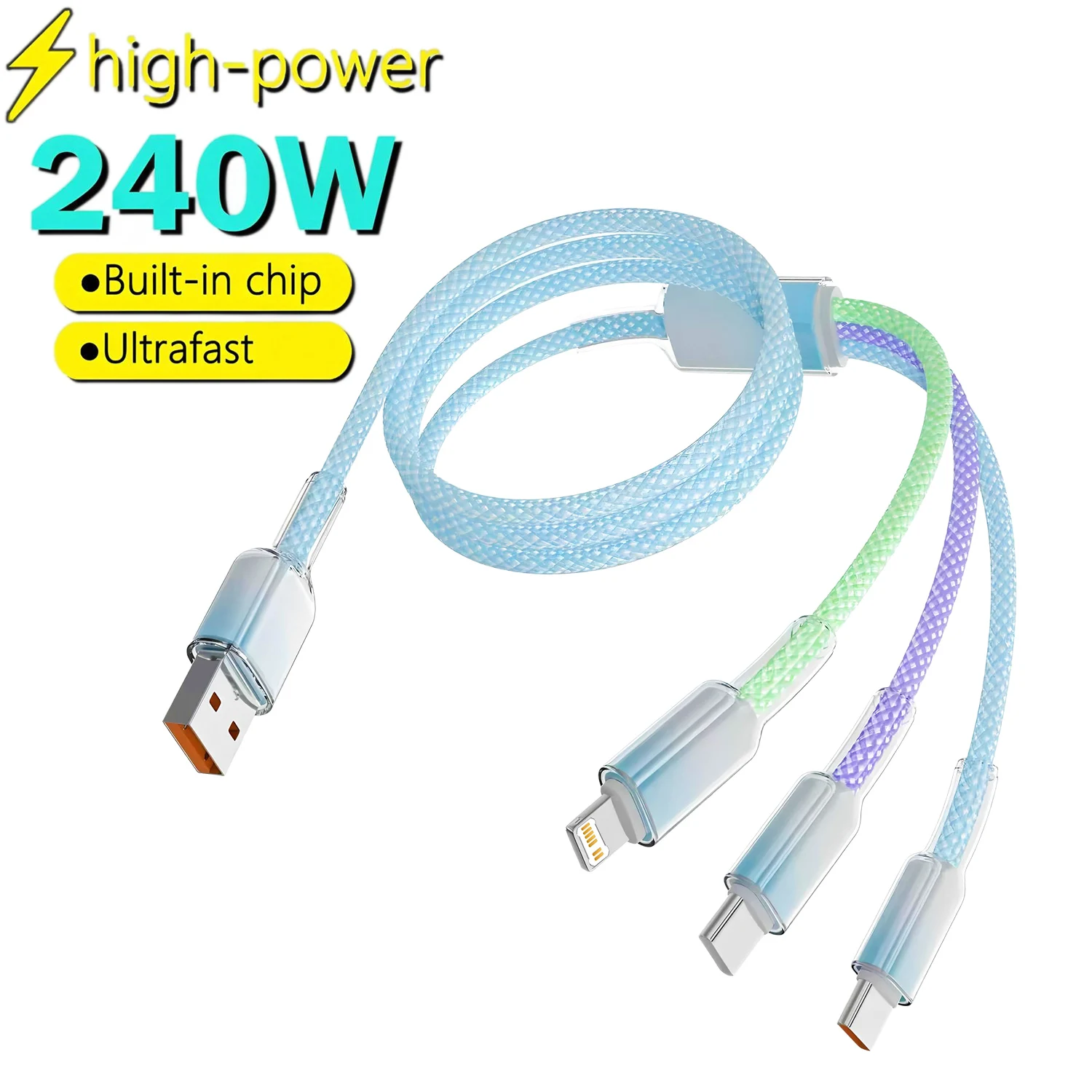 240W 5A USB-A to 2 Type-C Fast Charging Data Cable For Samsung S24 Xiaomi Huawei Android Phone 3 In 1 USB C Data Transfer Cord