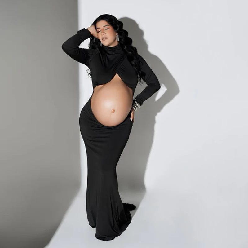 Pregnancy Dress Photography Props Maxi Gown Turtleneck Full Sleeve Cut Out Belly Bodycon Maternity PhotoShoot For Baby Shower