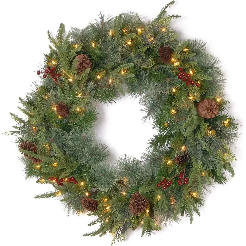 Pre-Lit Artificial Christmas Wreath - Green Colonial Fir with White Lights & Pine Cone Decor