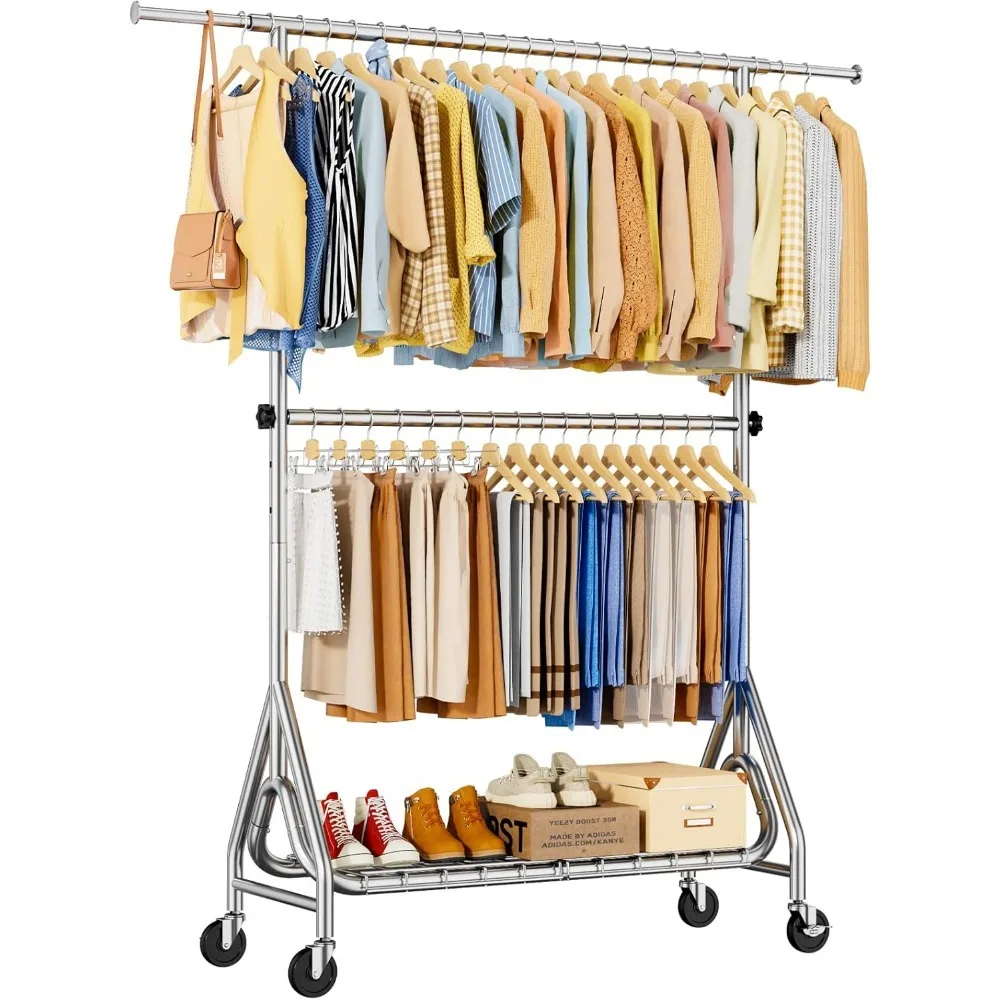 

Heavy Duty Portable Garment Rack with Double Hanging Rods Lockable Wheels Rolling Metal Wardrobe Storage Clothes Rack
