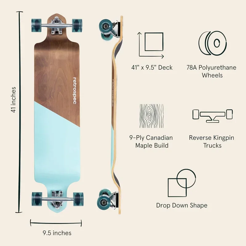 Tidal 41-inch Drop-Down Longboard Skateboard Complete 9-Ply Canadian Maple Wood Build Cruiser for Commuting, Cruising, Carving &