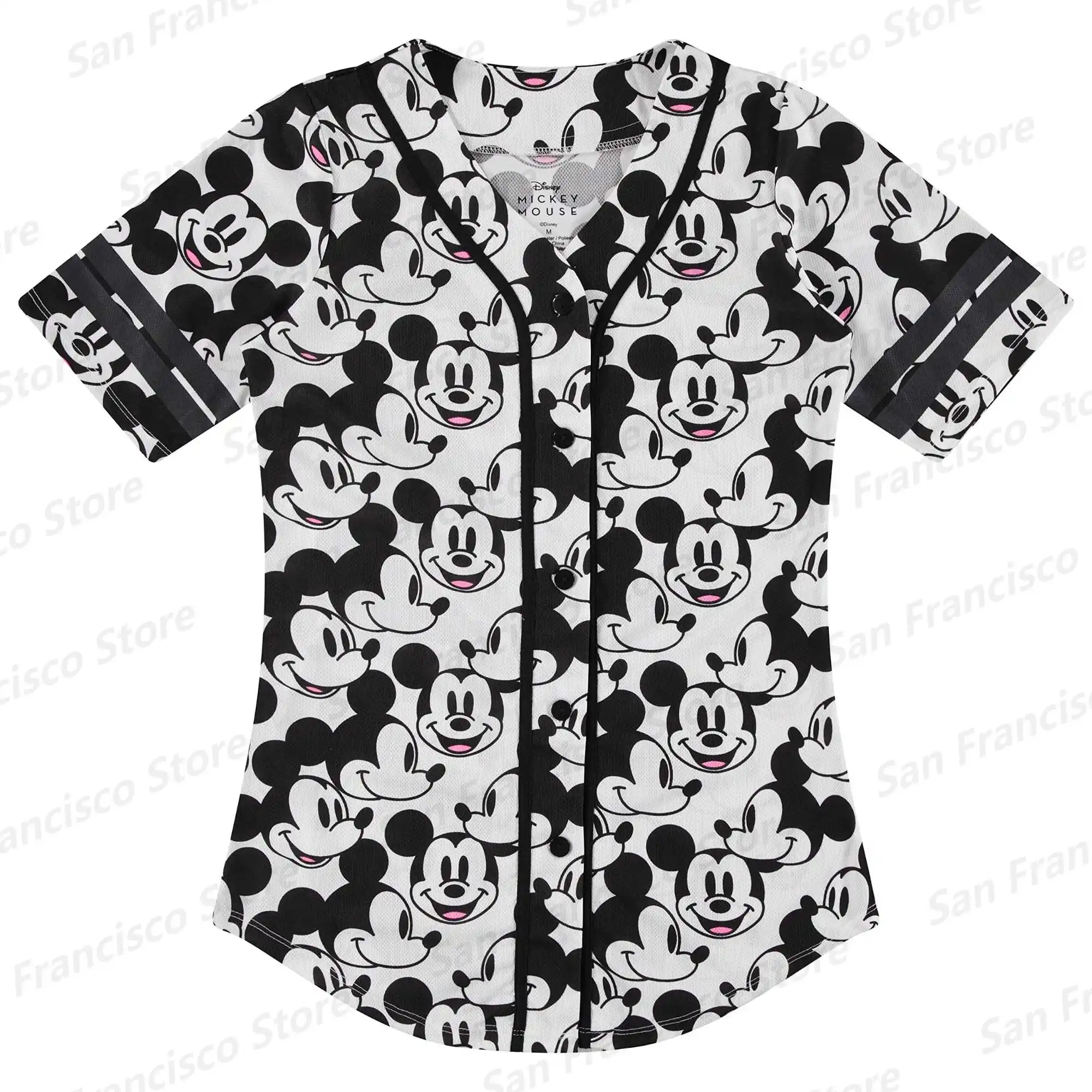 New Summer Disney Boys and Girls Mickey Mouse Pattern Line Baseball Shirt Children\'s/Adult Casual Breathable Jersey Retro Shirt