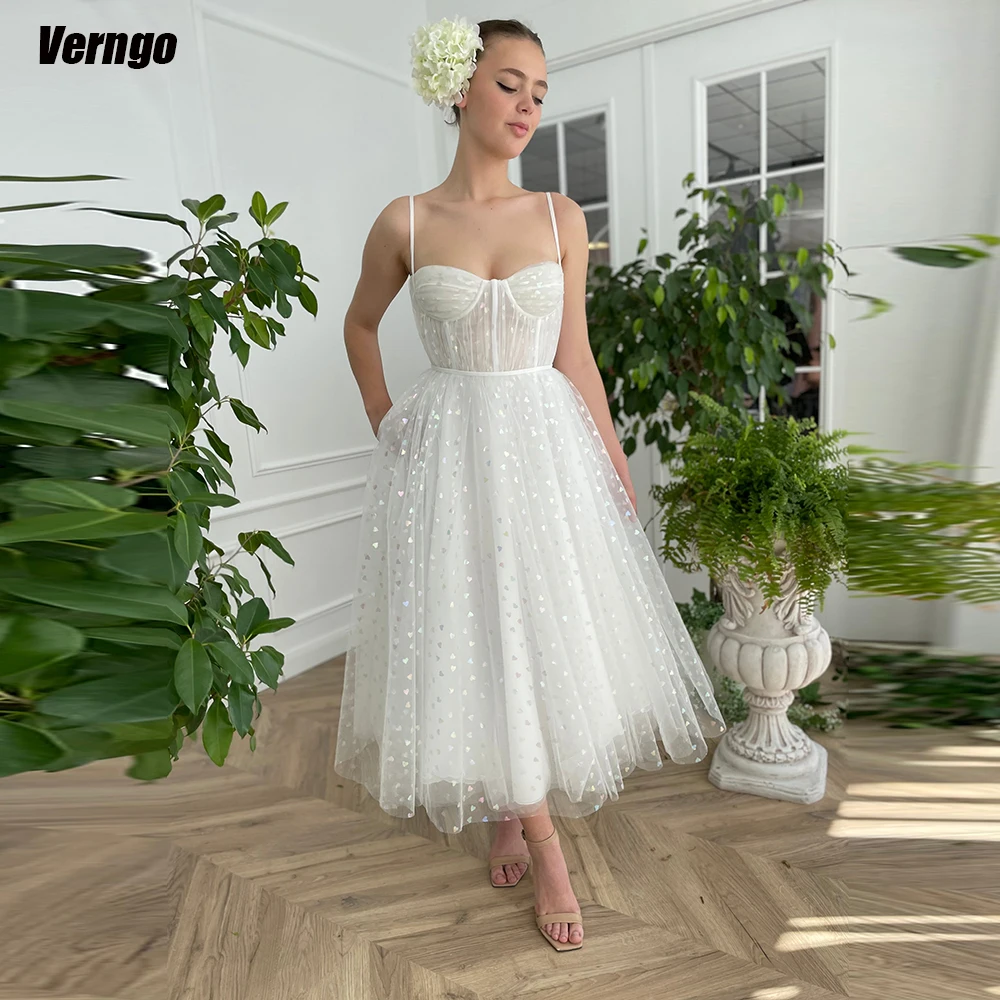 

Verngo A-Line Tulle Wedding Dresses Sweetheart Spaghetti Straps Bridals Gown Tea-length Bride Dress Robes De Soirée