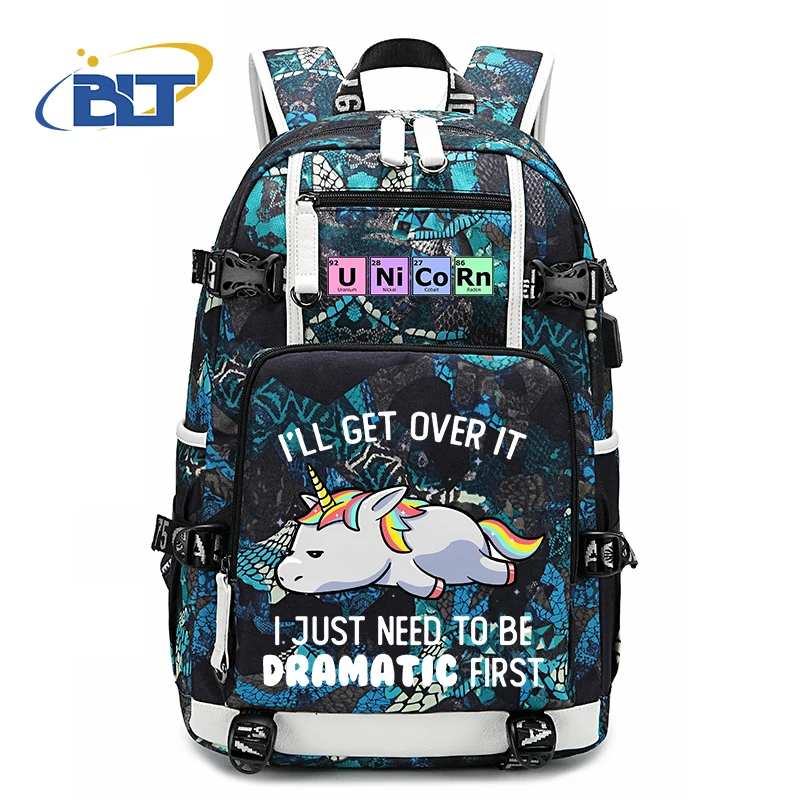 Unicorn print student schoolbag youth backpack large capacity usb outdoor