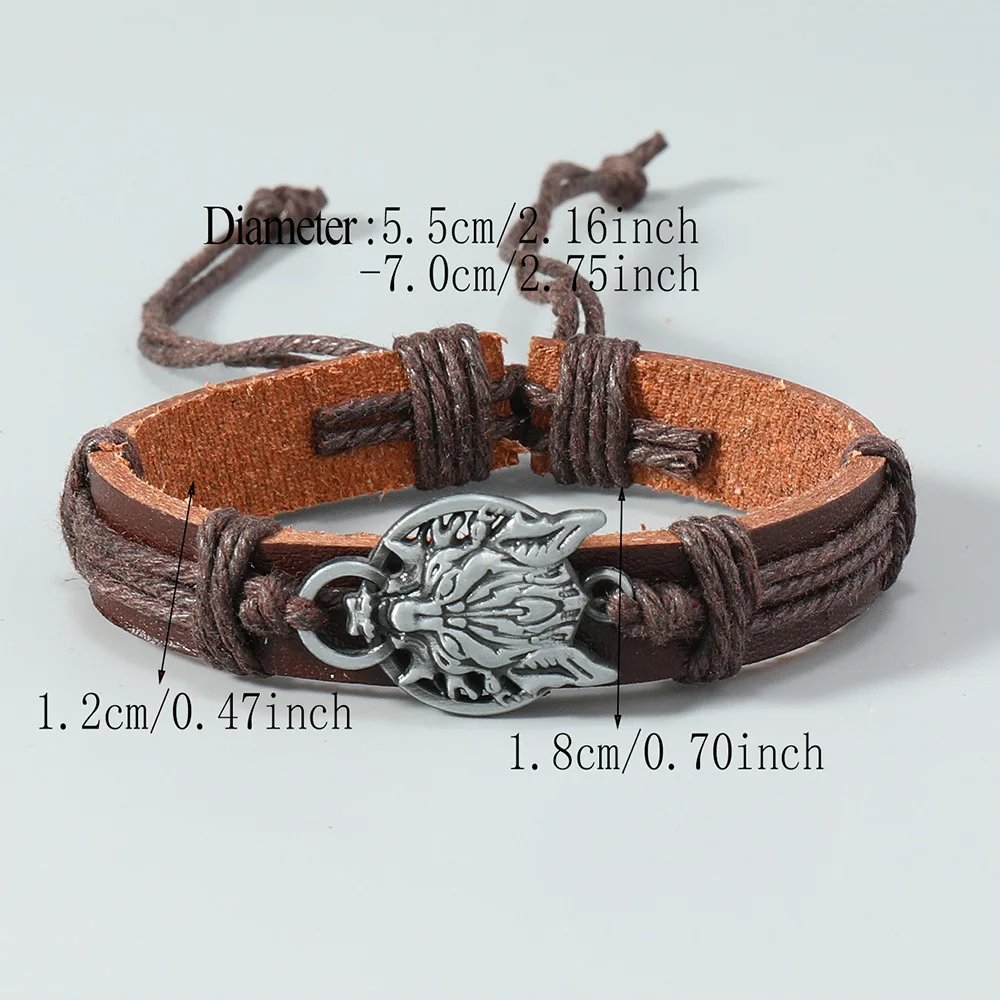Retro Wolf Head Charm Bracelet Men Hand-woven Leather Bracelets Pull Adjustment Punk Style Simple Jewelry Gift