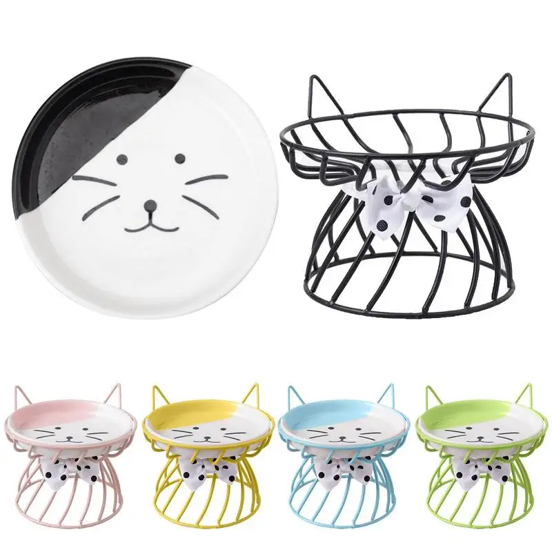 Raised Ceramic Cat Bowl Elevated Pet Feeder Bowl Food Water Dish Iron Stand Ergonomic Food Bowl Anti Vomiting Wide Mouth Raised