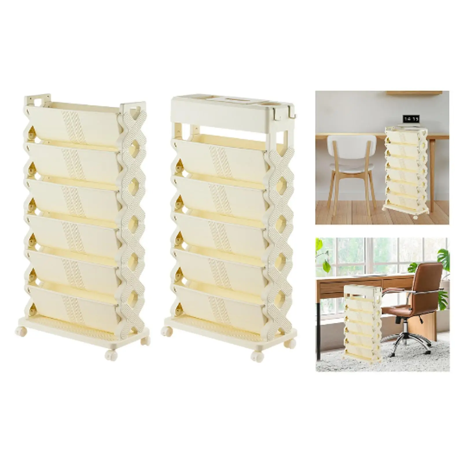 6 Tier Book Shelf Movable Storage Cart Space Saving Display Rack Corner Bookcase for Dorm Magazine Movies Living Room Books