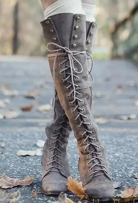 Sexy Lace Up Over Knee Boots Women Boots Flats Shoes Woman Square Heel Rubber Flock Boots Botas Winter Thigh High Boots