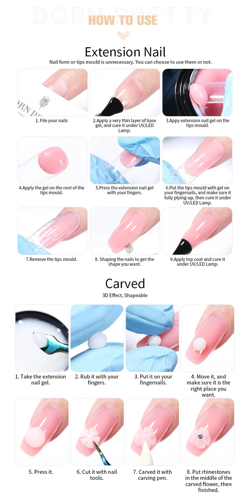 BORN PRETTY 15 ml Antihaft-Handverlängerungs-Gel-Nagellack, Schnitzerei, Blume, Nagelkunst, formend, solider Acryl-Nagelgel-Lack – Detail 7