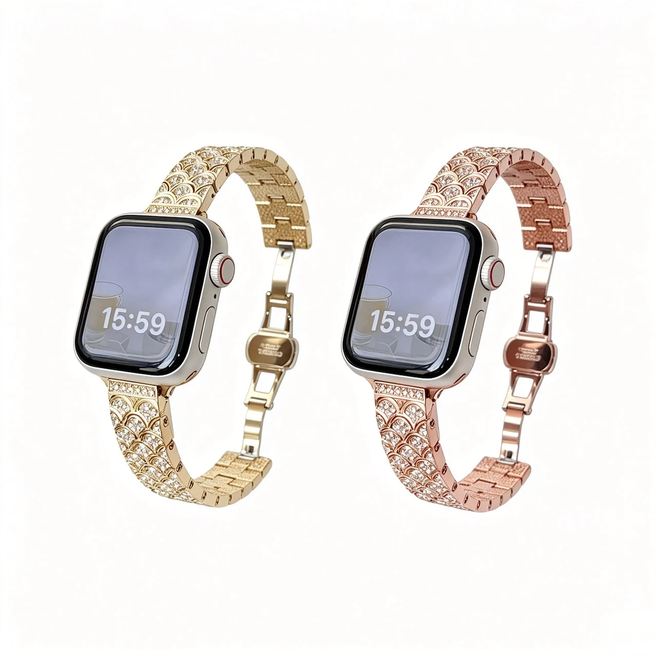Scallop Pattern Rhinestone Metal Strap For Apple Watch Ultra SE 11 10 9 8 7 Luxury Bling Elegant Dressy Ladies Wristband
